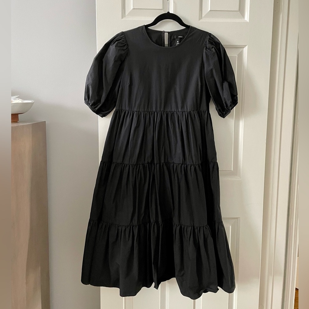 Aqua Tiered Poplin Black Cotton Midi Dress